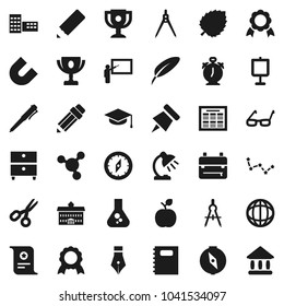 Flat vector icon set - copybook vector, graduate hat, pen, university, pencil, school building, blackboard, drawing compass, glasses, backpack, apple fruit, table lamp, alarm clock, schedule, medal