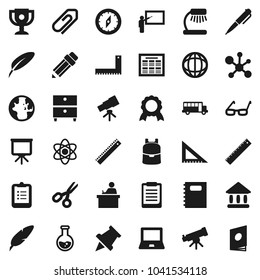 Flat vector icon set - copybook vector, pen, pencil, blackboard, corner ruler, glasses, student, backpack, atom, telescope, table lamp, notebook pc, schedule, clipboard, paper pin, compass, medal