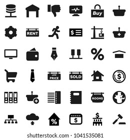 Flat vector icon set - copybook vector, pen, world, dollar coin, percent growth, bank building, receipt, binder, tie, hierarchy, calendar, run, dry cargo, warehouse, monitor, finger down, diagnostic