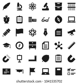 Flat vector icon set - copybook vector, graduate hat, pen, pencil, school building, corner ruler, glasses, atom, telescope, microscope, notebook pc, alarm clock, clipboard, compass, certificate