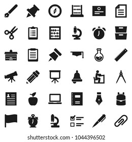 Flat vector icon set - copybook vector, graduate hat, pen, university, pencil, ruler, drawing compass, student, backpack, apple fruit, telescope, bell, notebook pc, alarm clock, clipboard, paper pin