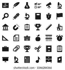 Flat vector icon set - copybook vector, pen, university, pencil, corner ruler, student, case, apple fruit, telescope, microscope, alarm clock, clipboard, award cup, certificate, magnet, scissors