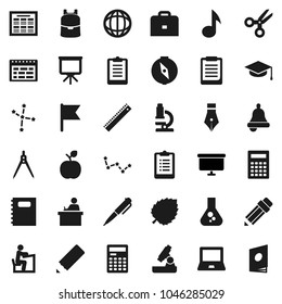 Flat vector icon set - copybook vector, graduate hat, pen, pencil, ruler, drawing compass, student, case, backpack, apple fruit, microscope, bell, calculator, notebook pc, schedule, clipboard, music