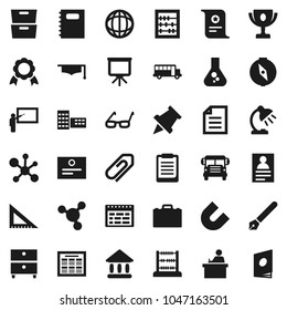 Flat vector icon set - copybook vector, graduate hat, pen, school building, blackboard, corner ruler, glasses, student, case, table lamp, schedule, clipboard, paper pin, compass, award cup, medal