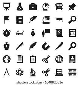 Flat vector icon set - copybook vector, graduate hat, pen, blackboard, drawing compass, glasses, case, atom, microscope, table lamp, alarm clock, clipboard, paper pin, certificate, magnet, scissors