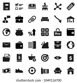 Flat vector icon set - copybook vector, archive, exam, wallet, cash, crisis, percent growth, case, bank building, snickers, earth, phone, receipt, document, warehouse, barcode, speaking man, eye