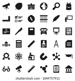Flat vector icon set - copybook vector, graduate hat, pen, university, school building, blackboard, corner ruler, drawing compass, glasses, student, backpack, atom, telescope, calculator, clipboard