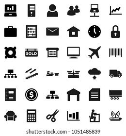 Flat vector icon set - copybook vector, student, calculator, scissors, abacus, document, dollar coin, graph, laptop, case, clock, hierarchy, any currency, stairways run, plane, truck trailer, port