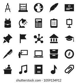 Flat vector icon set - copybook vector, graduate hat, pen, blackboard, drawing compass, student, backpack, table lamp, calculator, notebook pc, clipboard, paper pin, certificate, abacus, music, flag