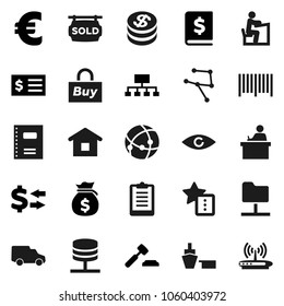 Flat vector icon set - copybook vector, student, exchange, money bag, auction, annual report, receipt, hierarchy, euro sign, clipboard, car, port, eye, connection, network, folder, server, favorites