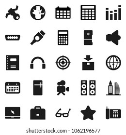 Flat vector icon set - copybook vector, glasses, case, world, calculator, calendar, target, satellite, package, speaker, equalizer, video camera, internet, headphones, notebook pc, hdmi, star, phone