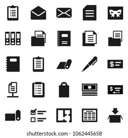 Flat vector icon set - copybook vector, pen, schedule, document, exam, cash, check, binder, clipboard, fitness mat, mail, network, plan, estate, gift, shopping bag, list, package