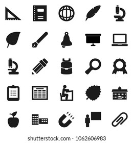 Flat vector icon set - copybook vector, pen, university, pencil, school building, blackboard, corner ruler, student, backpack, apple fruit, bell, notebook pc, schedule, clipboard, medal, magnet