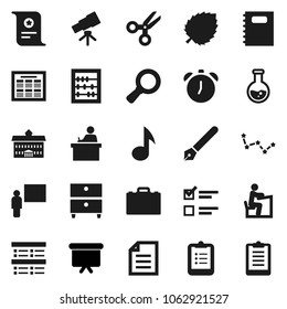 Flat vector icon set - copybook vector, pen, university, blackboard, student, case, telescope, alarm clock, schedule, clipboard, certificate, scissors, abacus, music, document, archive, magnifier