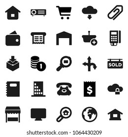 Flat vector icon set - copybook vector, cart, coin stack, receipt, route, earth, phone, package, cargo search, cloud lock, download, attachment, barn, sold signboard, estate, building, wallet, home