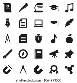 Flat vector icon set - copybook vector, graduate hat, pen, drawing compass, apple fruit, telescope, table lamp, notebook pc, alarm clock, paper pin, medal, certificate, magnet, music, document
