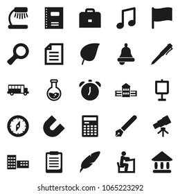 Flat vector icon set - copybook vector, pen, school building, student, case, telescope, bell, table lamp, calculator, alarm clock, clipboard, compass, magnet, bus, presentation, music, document