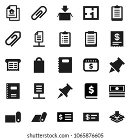 Flat vector icon set - copybook vector, clipboard, paper pin, cash, annual report, receipt, dollar calendar, fitness mat, thumbtack, network document, attachment, plan, estate, shopping bag, check