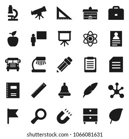 Flat vector icon set - copybook vector, pen, university, pencil, blackboard, corner ruler, case, apple fruit, atom, telescope, microscope, bell, table lamp, clipboard, magnet, school bus, document