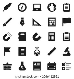 Flat vector icon set - copybook vector, pen, university, corner ruler, backpack, microscope, calculator, notebook pc, clipboard, compass, magnet, abacus, world, personal information, flag, flask