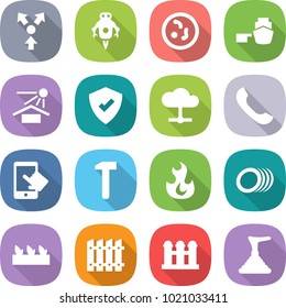 flat vector icon set - core splitting vector, jet robot, microbe, port, sun potection, protected, cloud, phone, touchscreen, hammer, fire, plates, seedling, fence, grain elevator, plunger