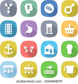 flat vector icon set - core splitting vector, bulb head, percent, male sign, pills blister, stomach, building, basket, anchor, palm hammock, home, air conditioning, conveyor, measuring cup
