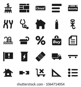Flat vector icon set - corner ruler vector, document, bank building, punching bag, skateboard, enegry drink, pool, attention, delivery, consolidated cargo, no trolley, hook, patch, stethoscope, menu