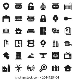 Flat vector icon set - cottage vector, solar panel, windmill, fruit tree, mountain, barn, fence, plan, estate document, rent signboard, rooms, sold, low price, office building, search, key, lock, tv