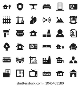 Flat vector icon set - cottage vector, chalet, water supply, fruit tree, mountain, barn, plan, estate document, sale signboard, rooms, consumer, crib, table, cushioned furniture, love home, heating