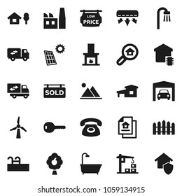 Flat vector icon set - cottage vector, chalet, pool, solar panel, windmill, fruit tree, mountain, garage, fence, estate document, sold signboard, low price, search, key, bath, relocation truck