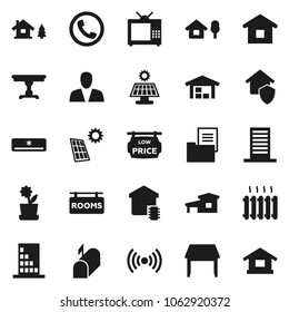 Flat vector icon set - cottage vector, chalet, solar panel, barn, estate document, rooms signboard, low price, consumer, table, heating, air conditioner, tv, wireless, smart home, flower in pot