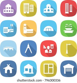 flat vector icon set - cottage vector, houses, mansion, skyscrapers, mall, church, hangare, fountain, bridge, drawing compasses, architector, outdoor light, bungalow, home, window, garage