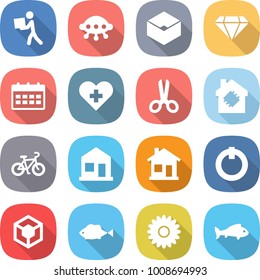 flat vector icon set - courier vector, ufo, box, diamond, calendar, heart cross, scissors, smart house, bike, home, on off button, 3d, fish, flower