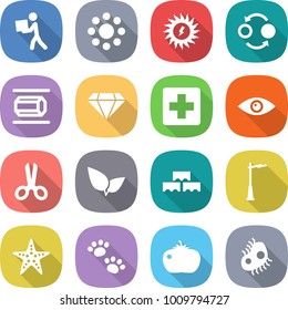 flat vector icon set - courier vector, round around, sun power, quantum bond, nano tube, diamond, medical cross, eye, scissors, leafs, block wall, outdoor light, starfish, pets, tomato, microb