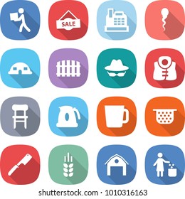 flat vector icon set - courier vector, sale, cashbox, sperm, dome house, fence, confidential, life vest, chair, kettle, cup, colander, chef knife, spike, barn, garbage bin
