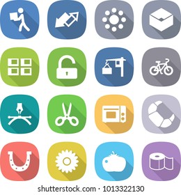flat vector icon set - courier vector, up down arrow, round around, box, panel house, unlock, loading, bike, drawing pen, scissors, grill oven, croissant, horseshoe, flower, tomato, toilet paper