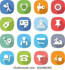 flat vector icon set - courier vector, hex molecule, satellite, sun power, medical label, location details, map, pin, route, workman, lounger, surfer, baggage trolley, phone, hair dryer