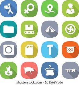 Flat Vector Icon Set - Courier Vector, Female Sign, Geo Pin, Support Manager, Documents, Transporter Tape, Tent, Cooler Fan, Ring Button, Sd Card, Hammer, Colander, Fire, Pig, Hanger, Drying Clothes