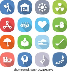 flat vector icon set - courier vector, warehouse, round around, nuclear, spinner, sale, heart, port, dry cargo, package, slippers, ladle, food processor, sheep, goose, peas