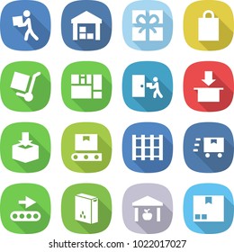 flat vector icon set - courier vector, warehouse, gift, shopping bag, cargo stoller, consolidated, delivery, package, transporter tape, pallet, fast deliver, conveyor, cereals