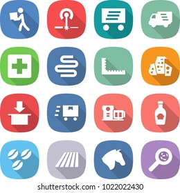 flat vector icon set - courier vector, laser, delivery, medical cross, intestines, ruler, modern architecture, package, fast deliver, food processor, ketchup, coffee seeds, field, horse, viruses