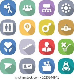 flat vector icon set - courier vector, group, structure, round around, wc, dollar pin, male sign, hospital, health care, stairs, client, do not trolley, deltaplane, check in, inspector, cleaner