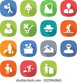 flat vector icon set - courier vector, jet robot, broken hand, client, support manager, do not trolley sign, confidential, tourist, passenger, inspector, surfer, vr helmet, trash, vacuum cleaner