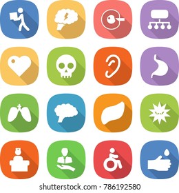 flat vector icon set - courier vector, brain, cell corection, structure, heart, skull, ear, stomach, lungs, liver, virus, hospital recieption, client, invalid, hand drop