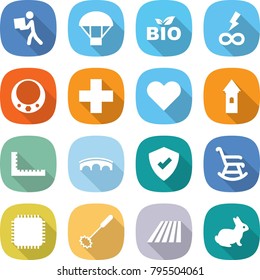 flat vector icon set - courier vector, parachute, bio, infinity power, necklace, medical cross, heart, tower, ruler, bridge, protected, rocking chair, cpu, whisk, field, rabbit