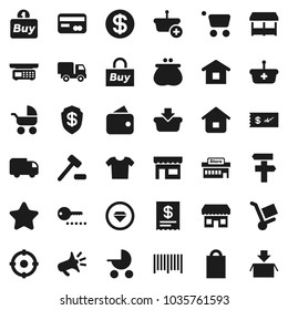 Flat vector icon set - credit card vector, dollar coin, wallet, star, shopping bag, market, store, mall, target, buy, barcode, receipt, basket, cart, home, auction, trolley, delivery, loudspeaker