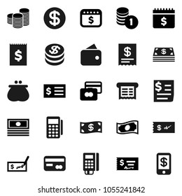 Flat vector icon set - credit card vector, cash, coin stack, check, receipt, dollar calendar, wallet, reader, tap pay