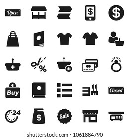 Flat vector icon set - credit card vector, dollar coin, money bag, sale, open, closed, 24 hour, shopping, market, store, mall, customer, buy, basket, catalog, tap pay, coupon, diamond ring, signpost