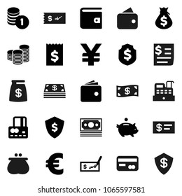 Flat vector icon set - credit card vector, wallet, money bag, piggy bank, coin stack, check, receipt, dollar shield, euro sign, yen, cash, cashbox