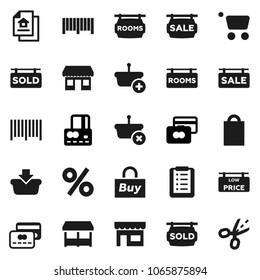 Flat vector icon set - credit card vector, office, estate document, sale signboard, rooms, sold, low price, shopping bag, percent, market, store, buy, barcode, basket, cart, list, coupon